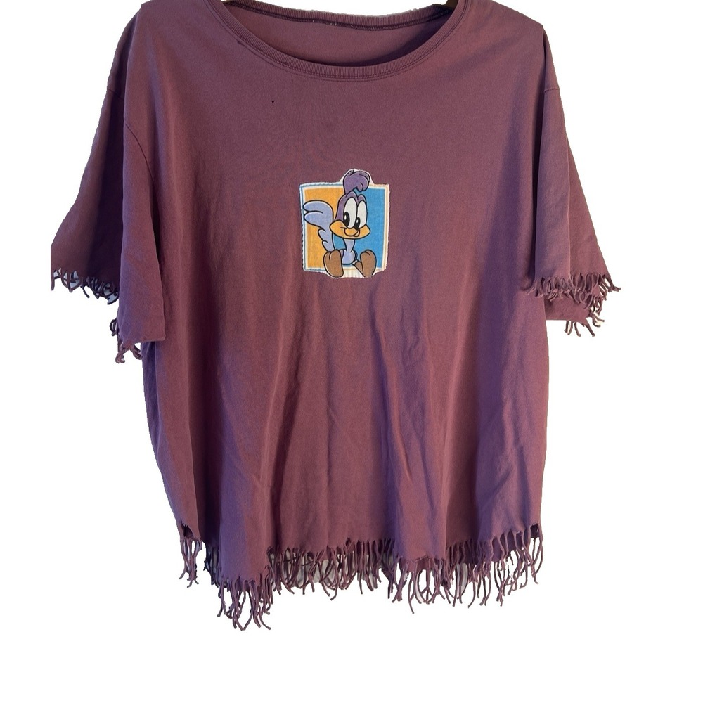 Vtg Road Runner Looney Tunes Purple Fringe Women L Oversized Shirt Comfy